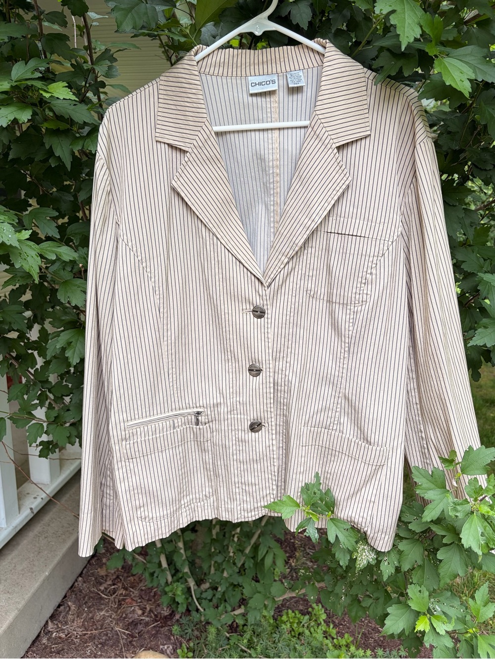 Chico's Beige Pinstripe Three-Button Blazer